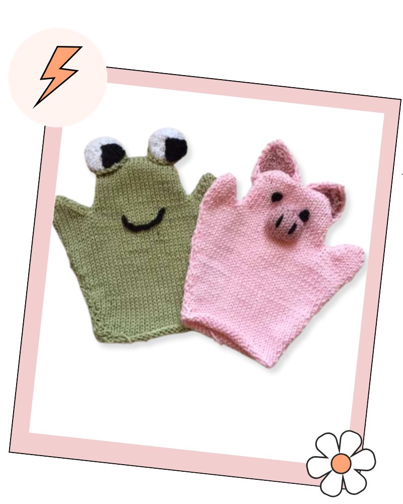 Frog and pig knitted bath mitts for babies, quick baby shower knitting gift in King Cole Cottonsoft DK