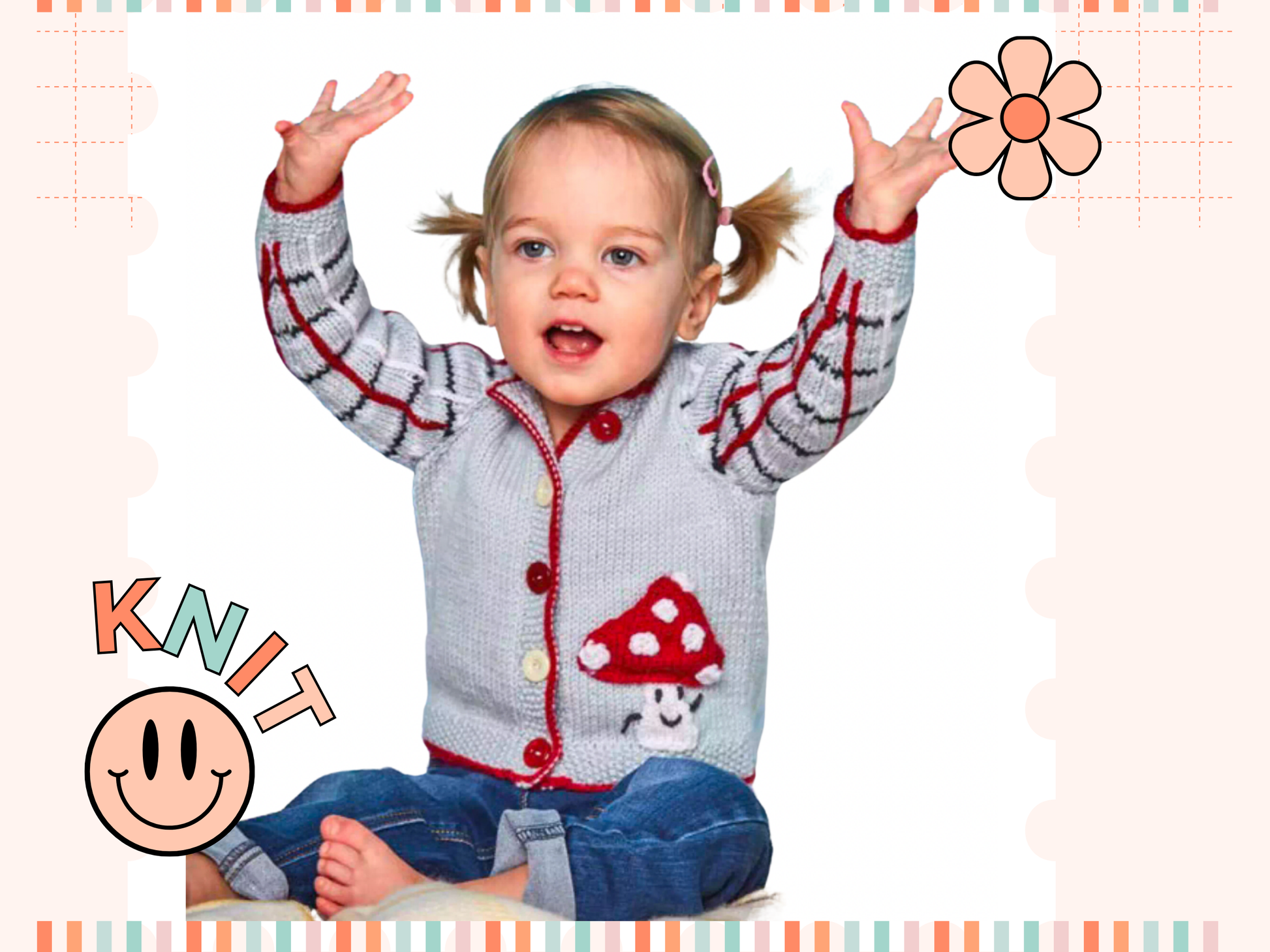 Child wearing a knit cardigan with a mushroom design, sitting on a white surface with colorful border elements. Knitted children's cardigan with red trim and mushroom design on a white background, Fun guy Mushroom cardigan knitted pattern for babies with plaid sleeves. jane burns designs