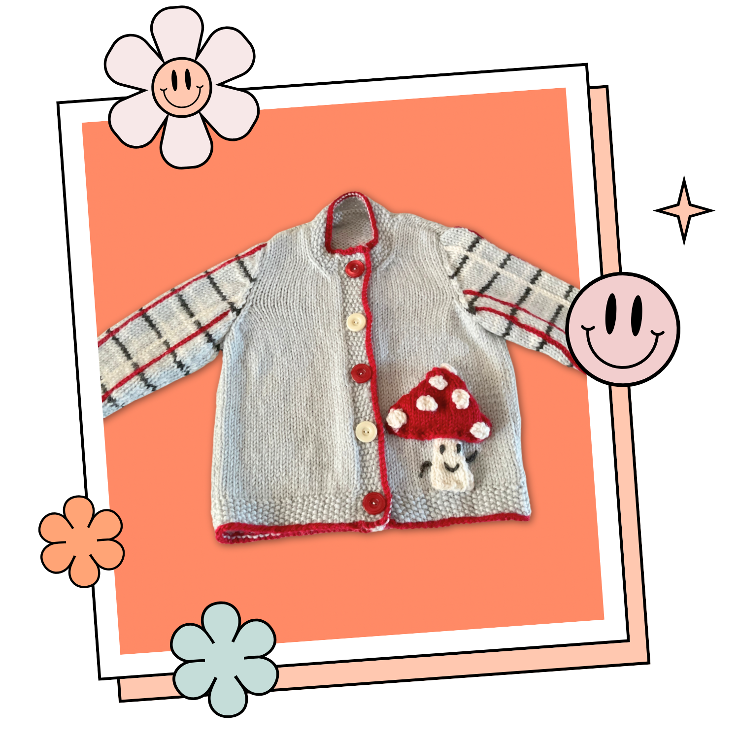 Knitted children's cardigan with red trim and mushroom design on a white background, Fun guy Mushroom cardigan knitted pattern for babies with plaid sleeves. jane burns designs