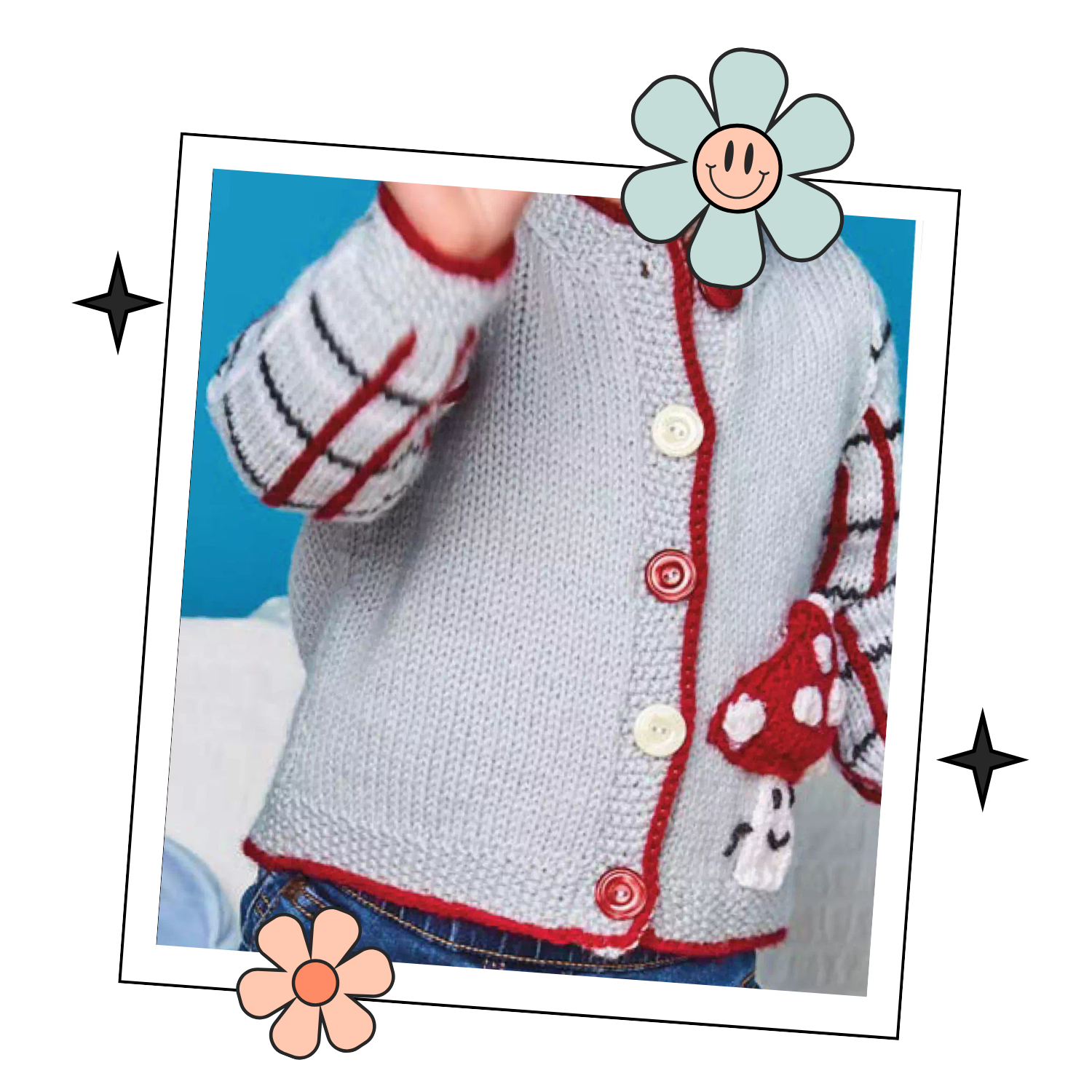 Knitted children's cardigan with red trim and mushroom design on a white background, Fun guy Mushroom cardigan knitted pattern for babies with plaid sleeves. jane burns designs