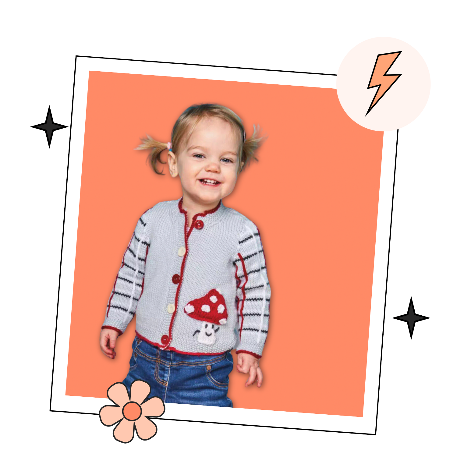 Child wearing a colorful cardigan with mushroom design on an orange background Knitted children's cardigan with red trim and mushroom design on a white background, Fun guy Mushroom cardigan knitted pattern for babies with plaid sleeves. jane burns designs