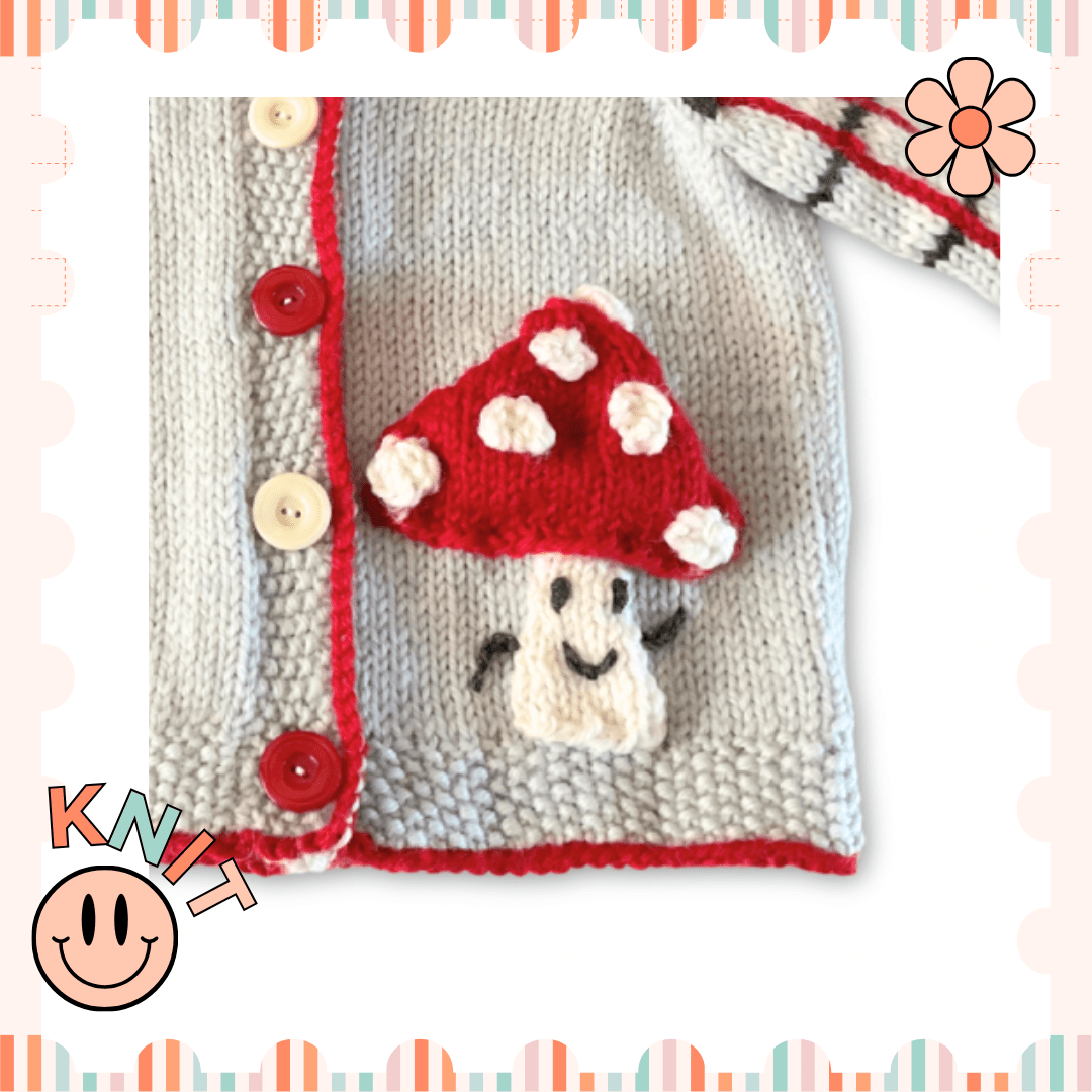 Fun Guy, Mushroom Character Baby Cardigan Knitting Pattern PDF download - GarmentsJane Burns Designs