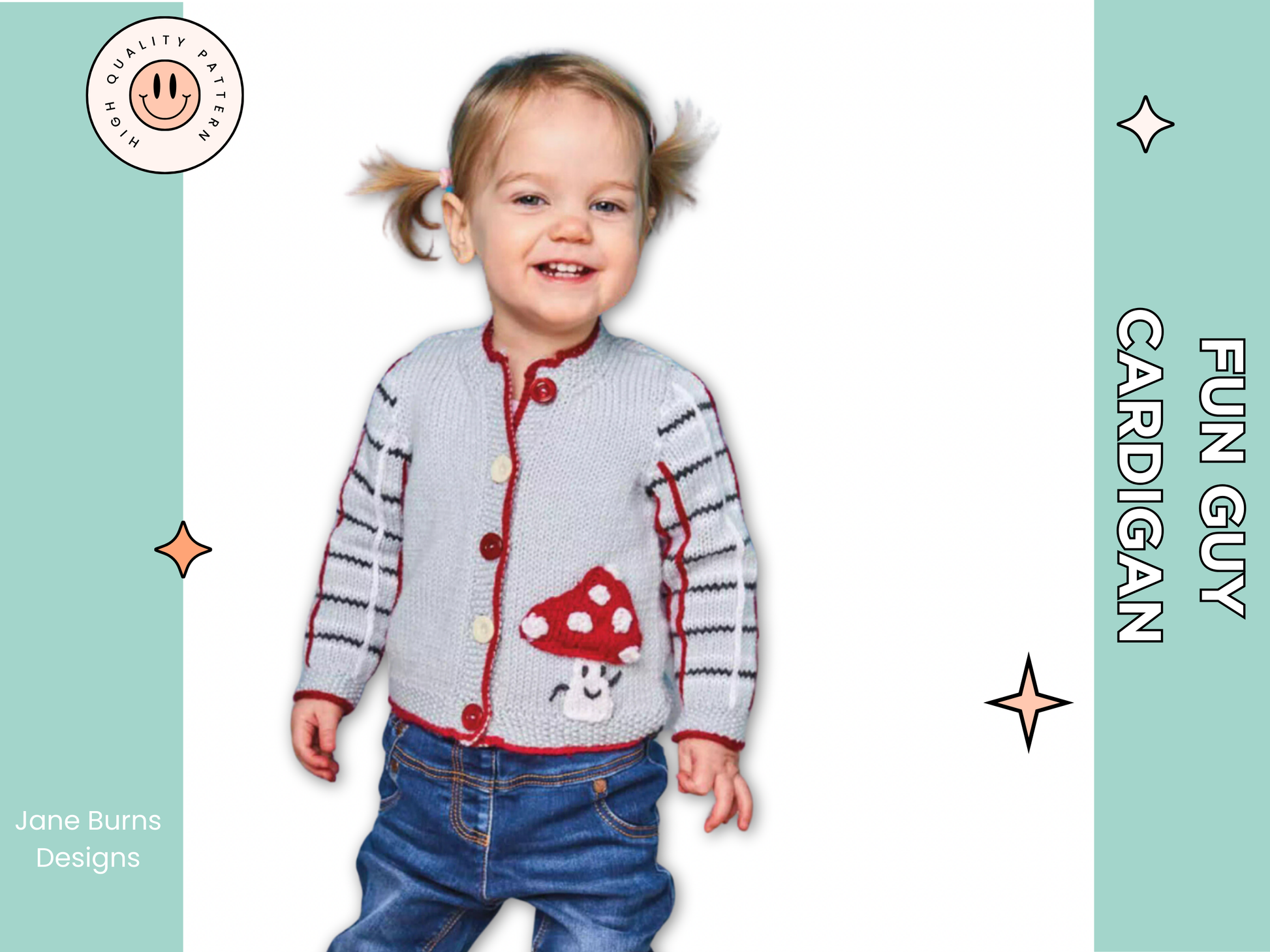 Child wearing a striped cardigan with mushroom design on a light green background Knitted children's cardigan with red trim and mushroom design on a white background, Fun guy Mushroom cardigan knitted pattern for babies with plaid sleeves. jane burns designs