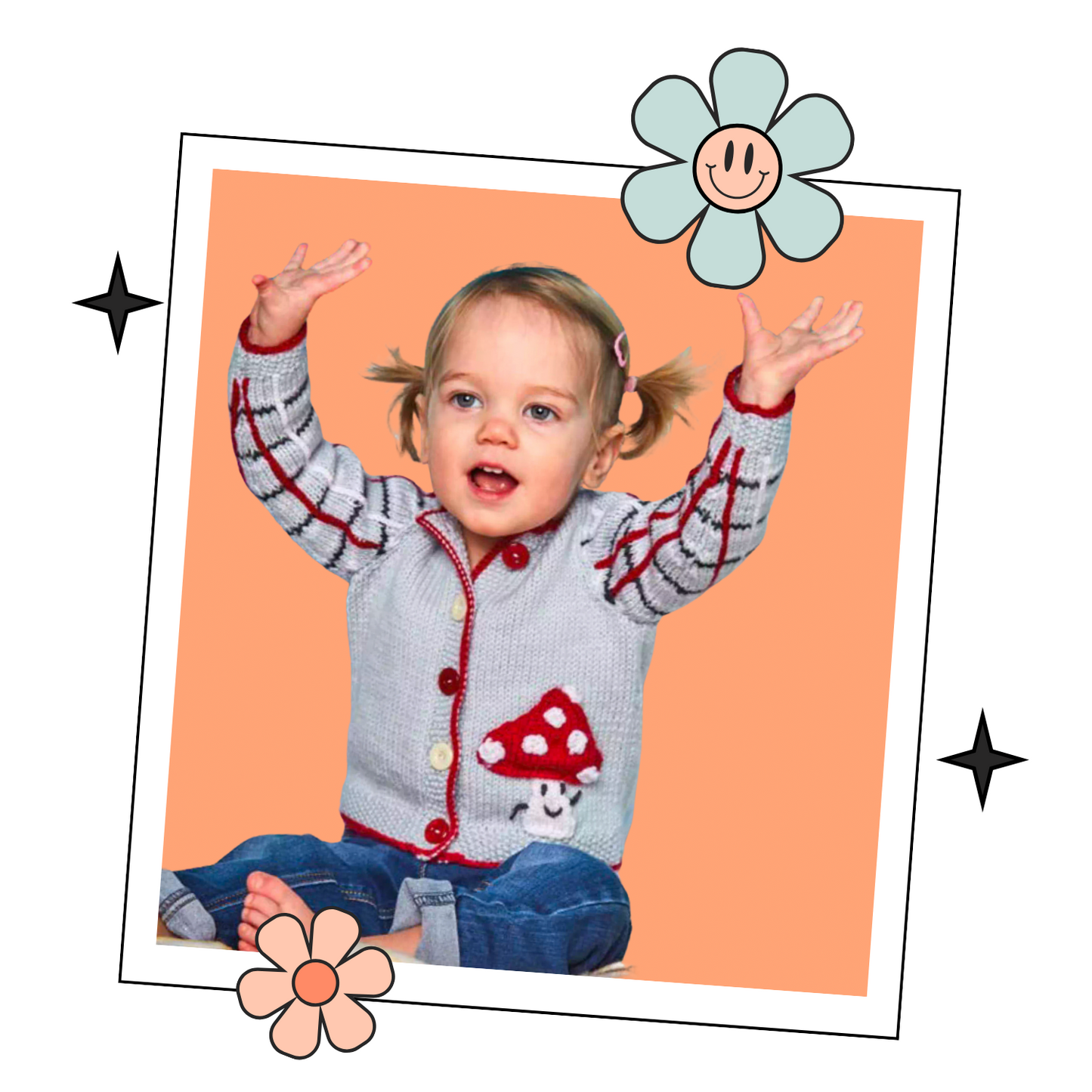Knitted children's cardigan with red trim and mushroom design on a white background, Fun guy Mushroom cardigan knitted pattern for babies with plaid sleeves. jane burns designs