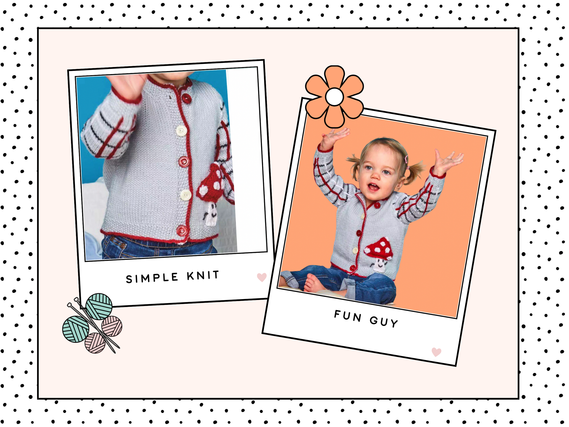 Children's cardigan with text 'Simple Knit' and 'Fun Guy' on a polka dot  Knitted children's cardigan with red trim and mushroom design on a white background, Fun guy Mushroom cardigan knitted pattern for babies with plaid sleeves. jane burns designsbackground.