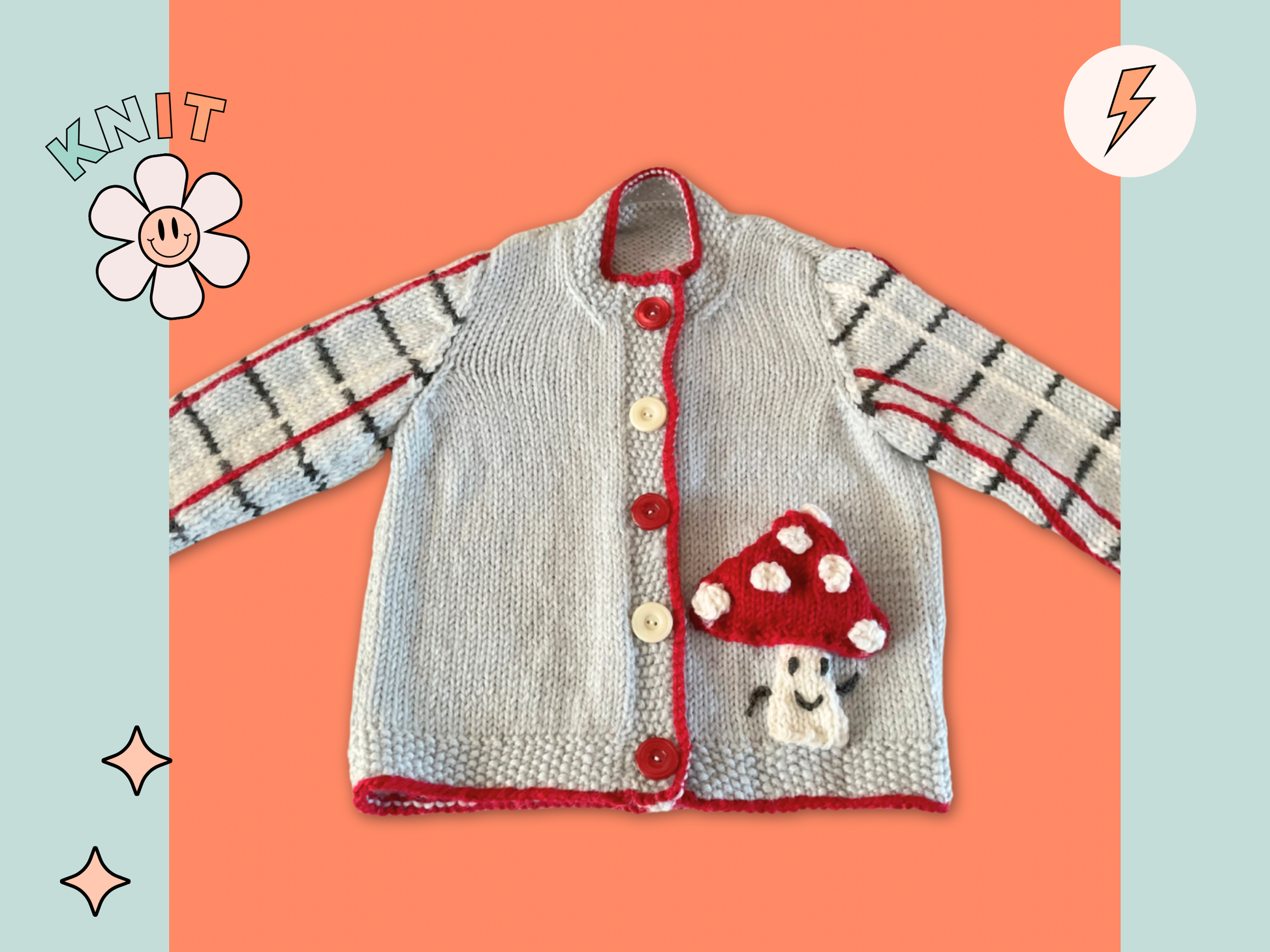 Knitted cardigan with red trim and mushroom decoration on a colorful background Knitted children's cardigan with red trim and mushroom design on a white background, Fun guy Mushroom cardigan knitted pattern for babies with plaid sleeves. jane burns designs