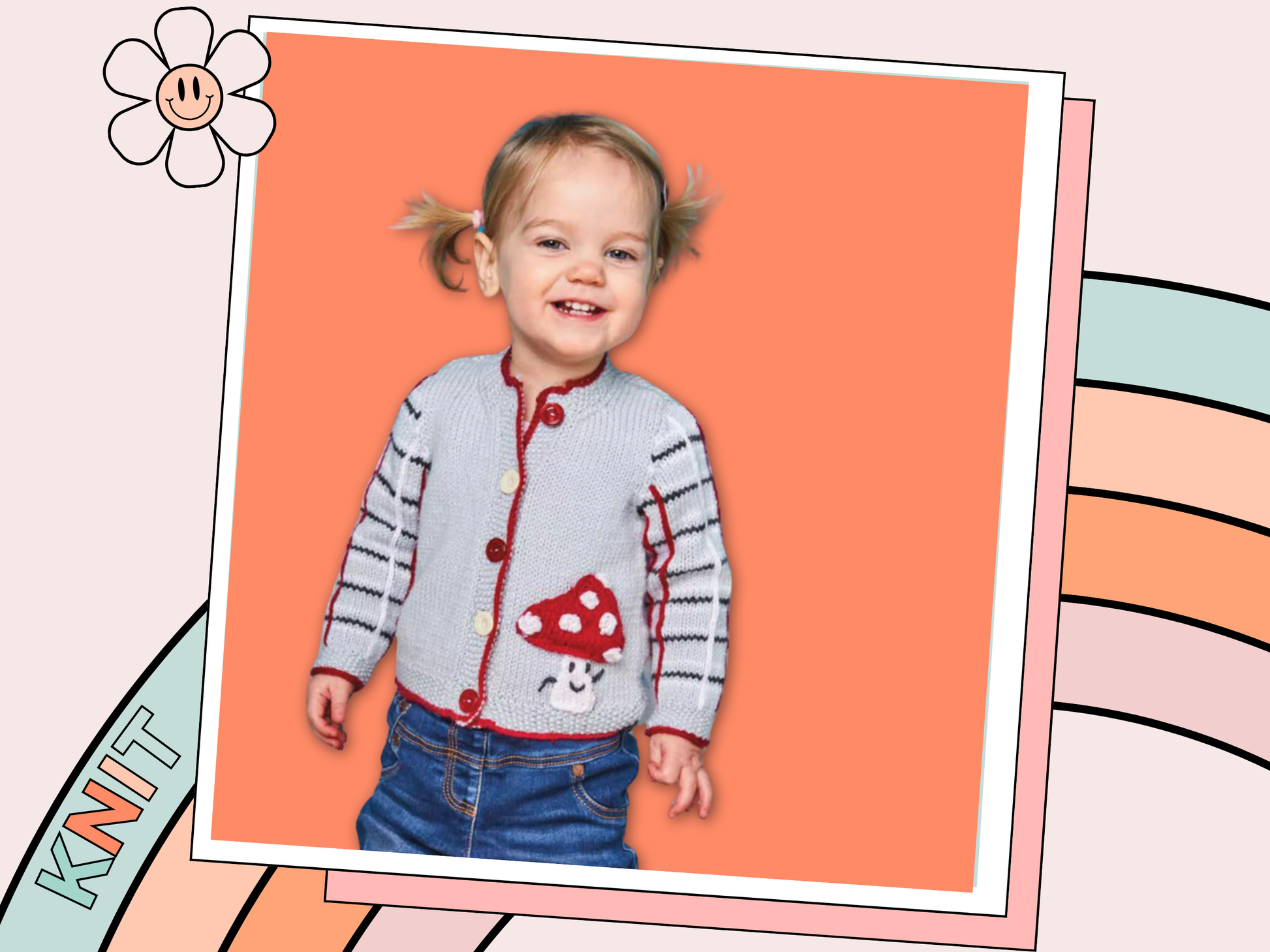 Child wearing a knit cardigan with mushroom design on an orange background Knitted children's cardigan with red trim and mushroom design on a white background, Fun guy Mushroom cardigan knitted pattern for babies with plaid sleeves. jane burns designs