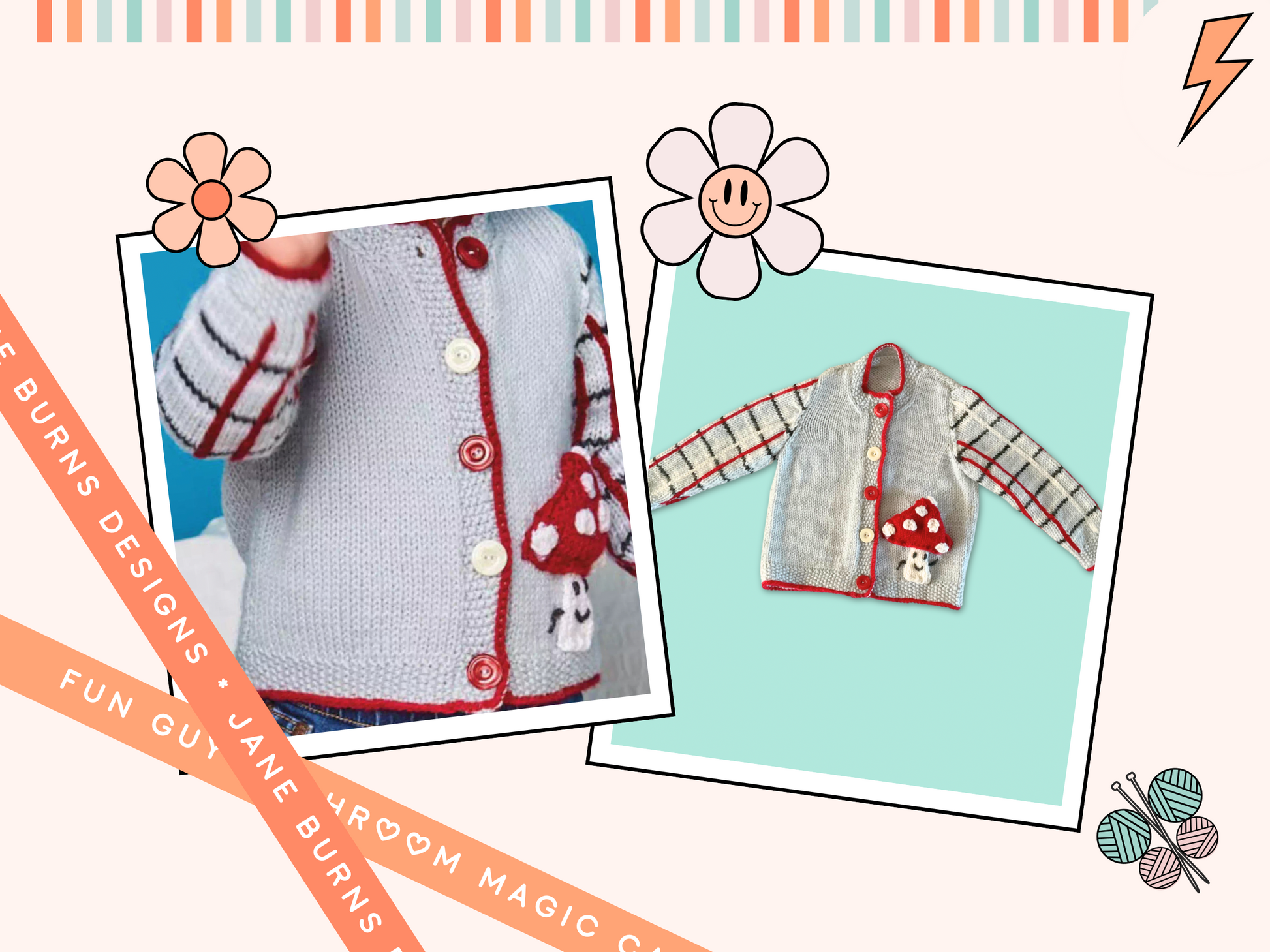Children's cardigan with red and white details on a colorful background Knitted children's cardigan with red trim and mushroom design on a white background, Fun guy Mushroom cardigan knitted pattern for babies with plaid sleeves. jane burns designs