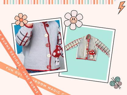 Children's cardigan with red and white details on a colorful background Knitted children's cardigan with red trim and mushroom design on a white background, Fun guy Mushroom cardigan knitted pattern for babies with plaid sleeves. jane burns designs