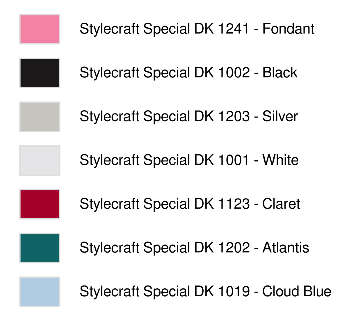 Stylecraft Special DK colour legend for Pip Gnome knitting chart, showing Fondant, Black, White, Claret, Atlantis and Cloud Blue shade numbers