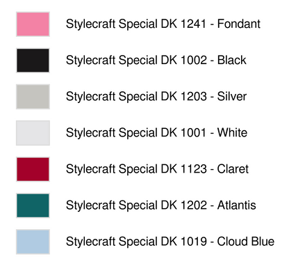 Stylecraft Special DK colour legend for Pip Gnome knitting chart, showing Fondant, Black, White, Claret, Atlantis and Cloud Blue shade numbers