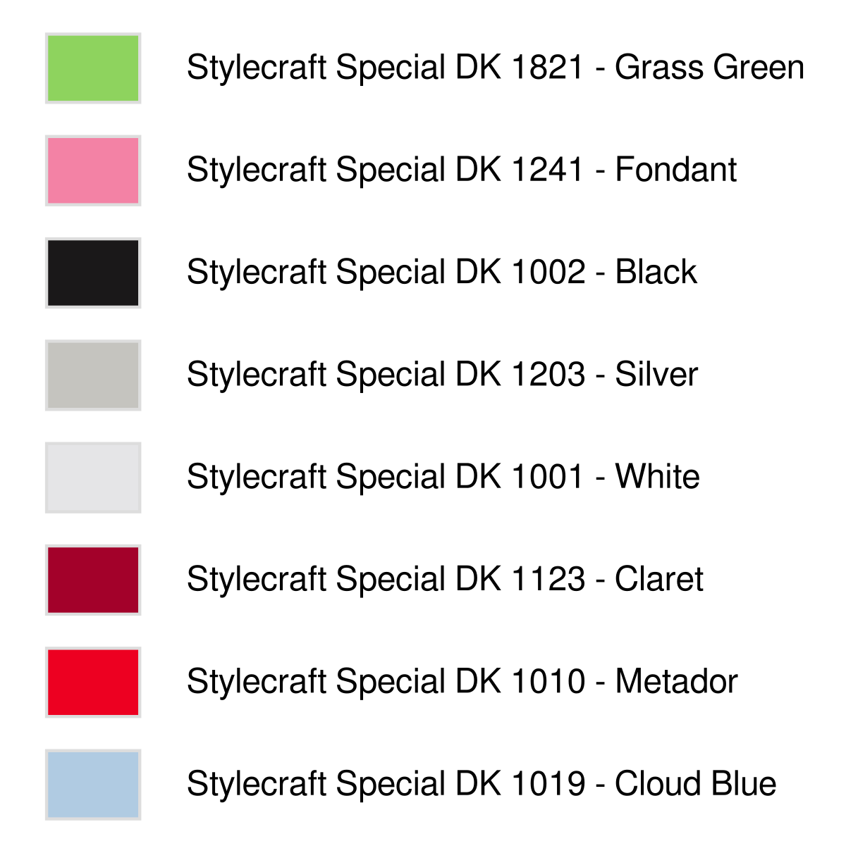 Stylecraft Special DK colour legend for Harold Gonk knitting chart, showing Grass Green, Fondant, Black, White, Silver, Claret, Metador and Cloud Blue shade numbers