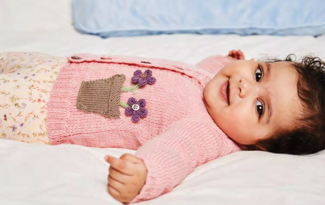 Flowerpot Cardigan, Simple Baby Cardigan with Flowers in Pocket - Knitting Pattern