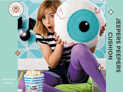 halloween home decor, eyeball cushion cover knitting pattern jane burns