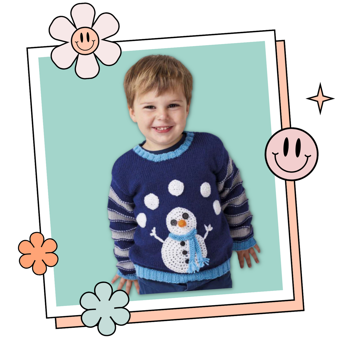 kids jumper with a knitted juggling snowman, knitting pattern, childs pullover