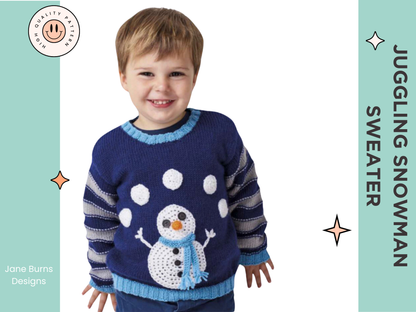 kids jumper with a knitted juggling snowman, knitting pattern, childs pullover