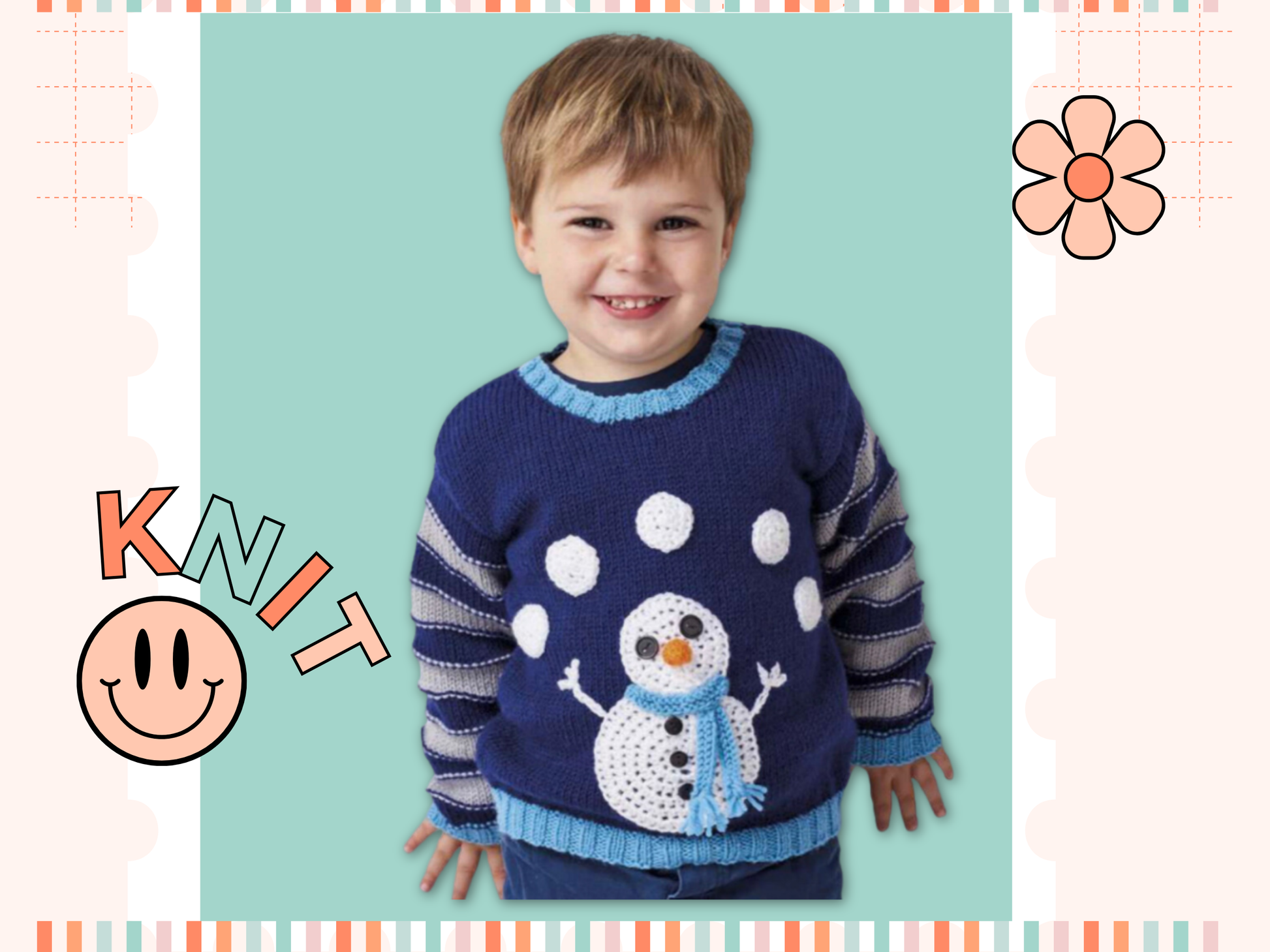 kids jumper with a knitted juggling snowman, knitting pattern, childs pullover