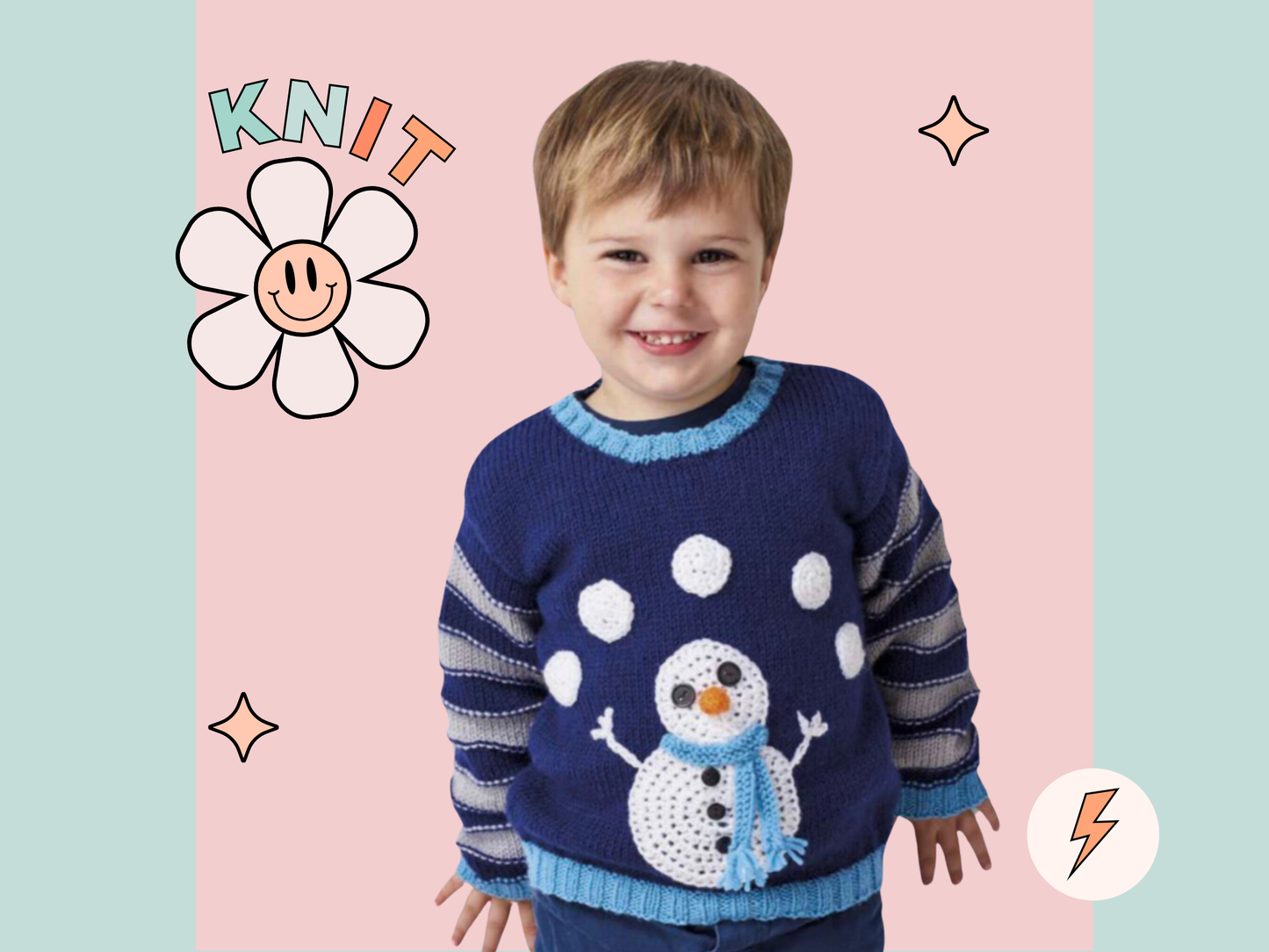 kids jumper with a knitted juggling snowman, knitting pattern, childs pullover