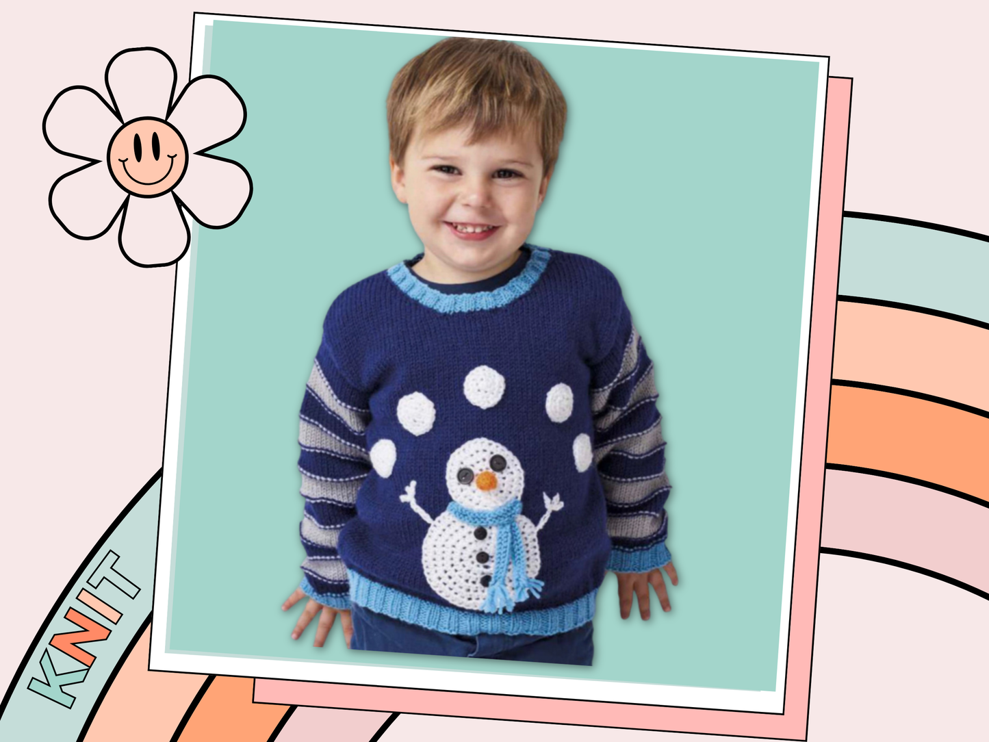 kids jumper with a knitted juggling snowman, knitting pattern, childs pullover