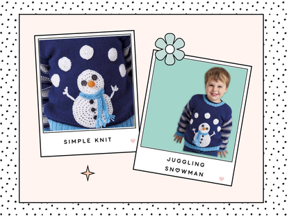 kids jumper with a knitted juggling snowman, knitting pattern, childs pullover