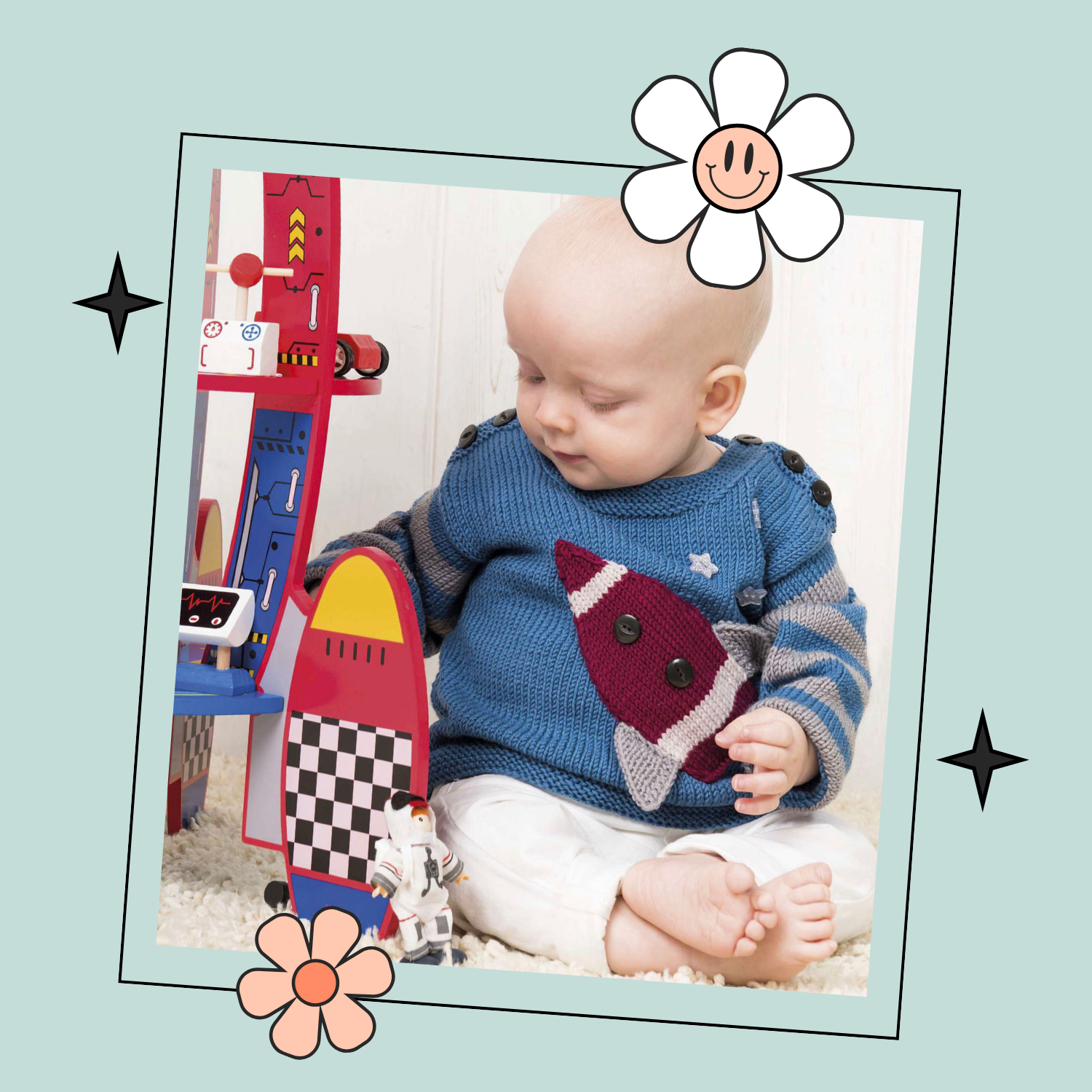 Little Rocket simple baby jumper space sweater knitting pattern baby rocket pullover knitting pattern