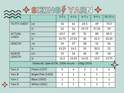 sizing chart for Pink knitted hoodie with cartoon face design on the back and black spikes on the hood, knitting pattern for kids hooded cardigan jane burns