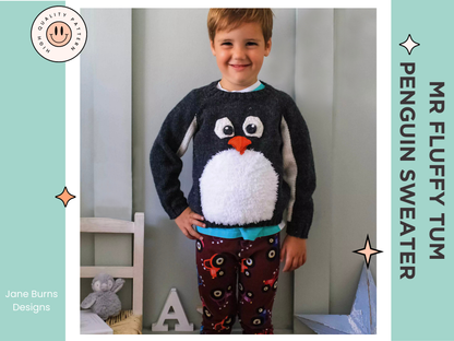 kids christmas jumper, penguin sweater knitting pattern for kids, intarsia jumper penguin motif, jane burns