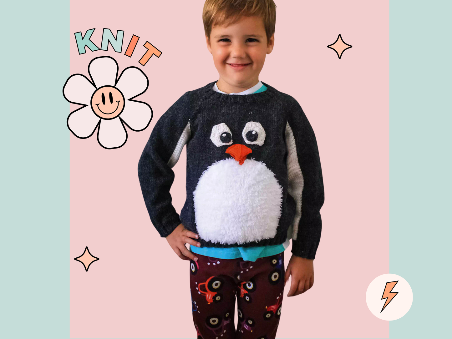 kids christmas jumper, penguin sweater knitting pattern for kids, intarsia jumper penguin motif, jane burns