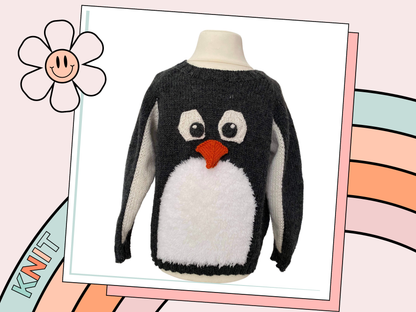 kids christmas jumper, penguin sweater knitting pattern for kids, intarsia jumper penguin motif, jane burns