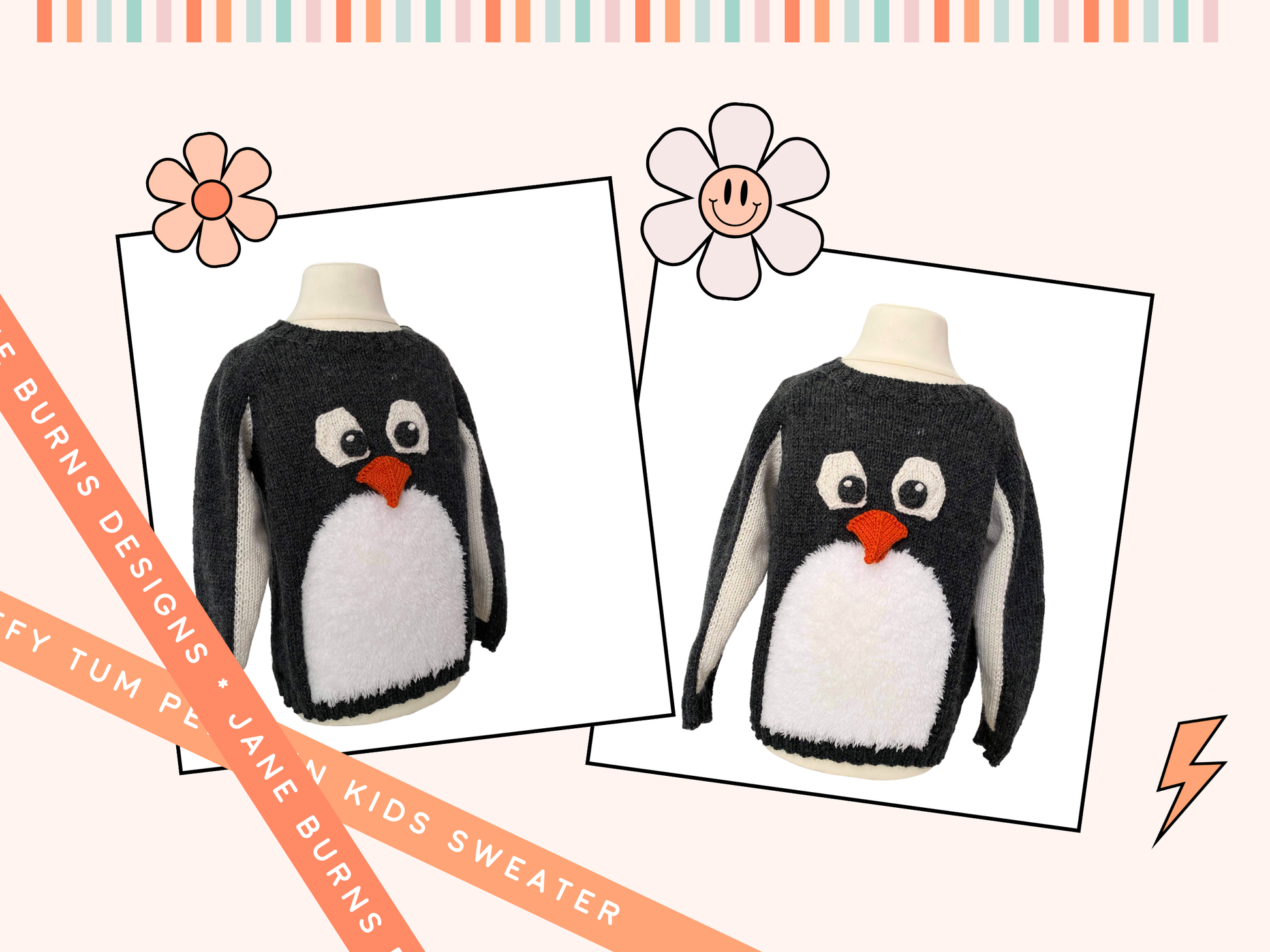 kids christmas jumper, penguin sweater knitting pattern for kids, intarsia jumper penguin motif, jane burns