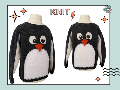 kids christmas jumper, penguin sweater knitting pattern for kids, intarsia jumper penguin motif, jane burns