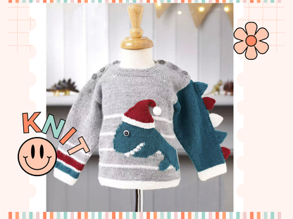 Baby christmas jumper santa saurus dinosaur knitting pattern JANE BURNS