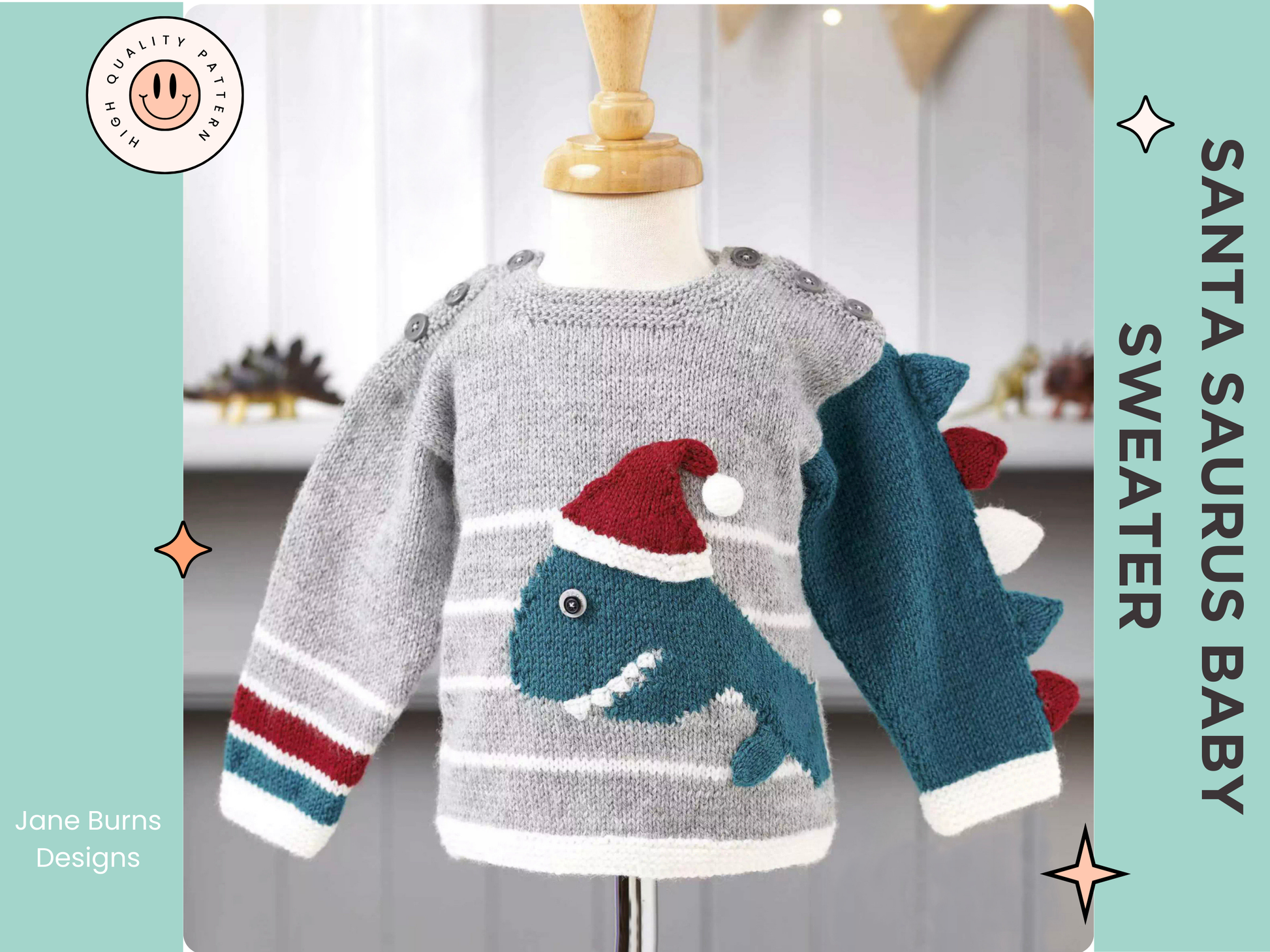 Baby christmas jumper santa saurus dinosaur knitting pattern JANE BURNS