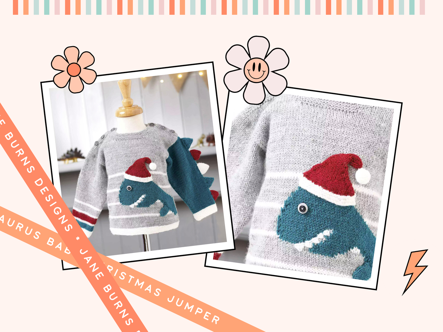 Baby christmas jumper santa saurus dinosaur knitting pattern JANE BURNS