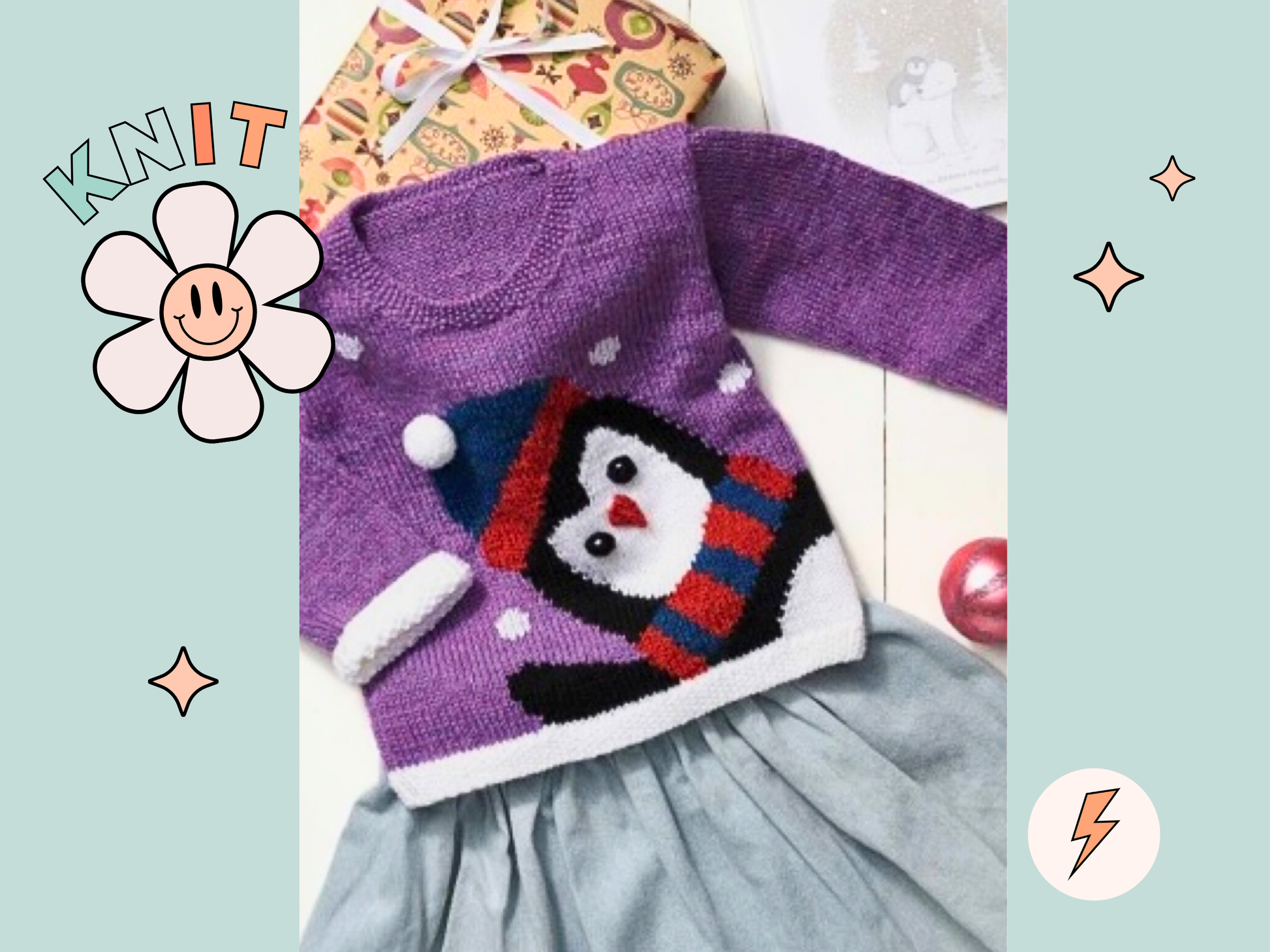 peeking penguin kids christmas jumper knitting pattern, kids sweater knitting pattern jane burns