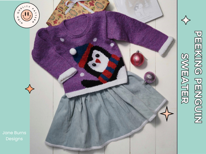 peeking penguin kids christmas jumper knitting pattern, kids sweater knitting pattern jane burns