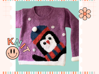 peeking penguin kids christmas jumper knitting pattern, kids sweater knitting pattern jane burns