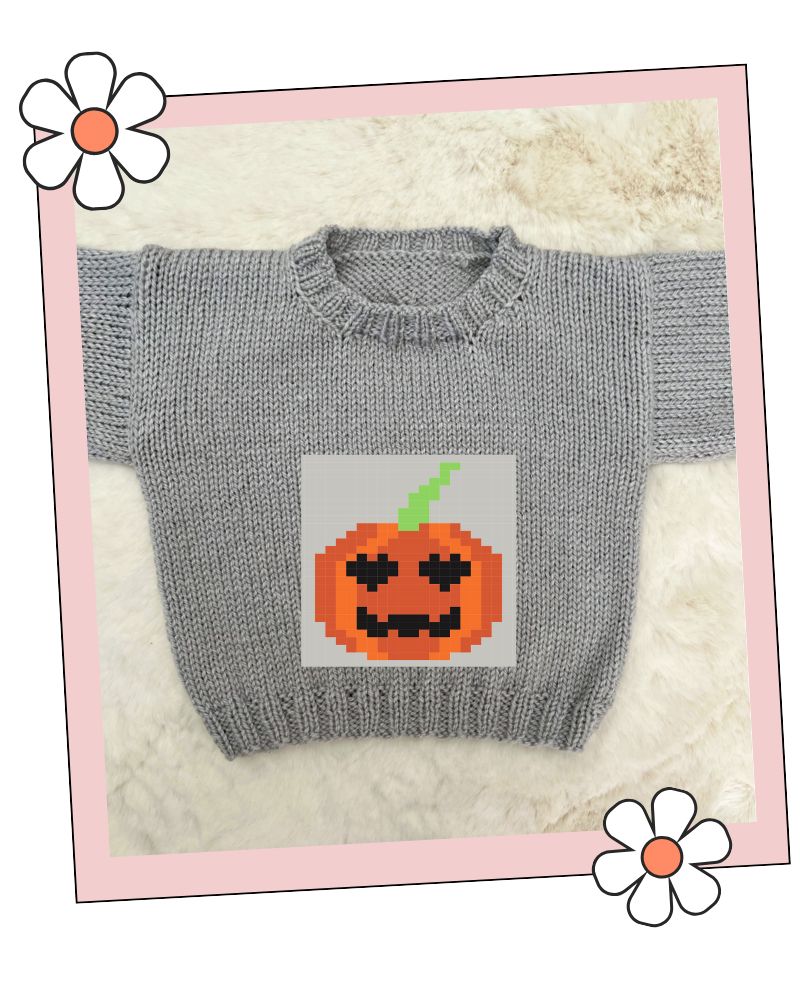 Patch pumpkin knitting chart worked up as a baby jumper, Stylecraft Special DK Silver, sizes 0-6 months to 4-5 years