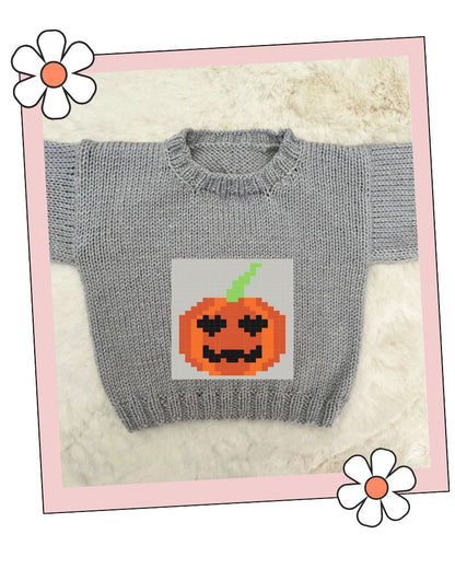 Patch pumpkin knitting chart worked up as a baby jumper, Stylecraft Special DK Silver, sizes 0-6 months to 4-5 years