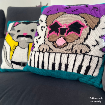 Elton Bone, Pug Dog Music Pun Cushion - Knitting Pattern