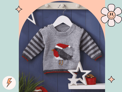 Robin jumper knitting pattern detail, red garter stitch hem and cuff, King Cole Big Value DK