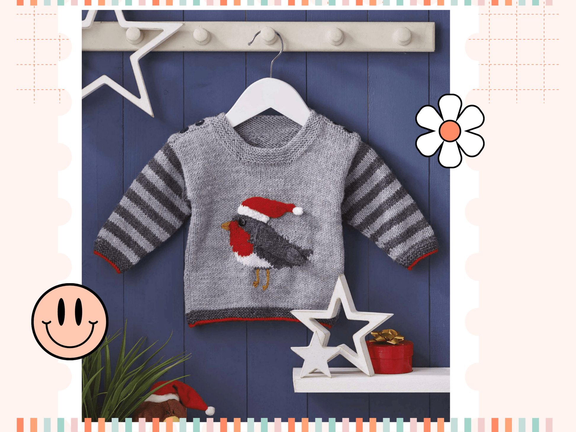 Rockin Robin baby sweater without Santa hat, year-round robin motif, beginner knitting pattern