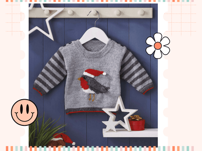 Rockin Robin baby sweater without Santa hat, year-round robin motif, beginner knitting pattern