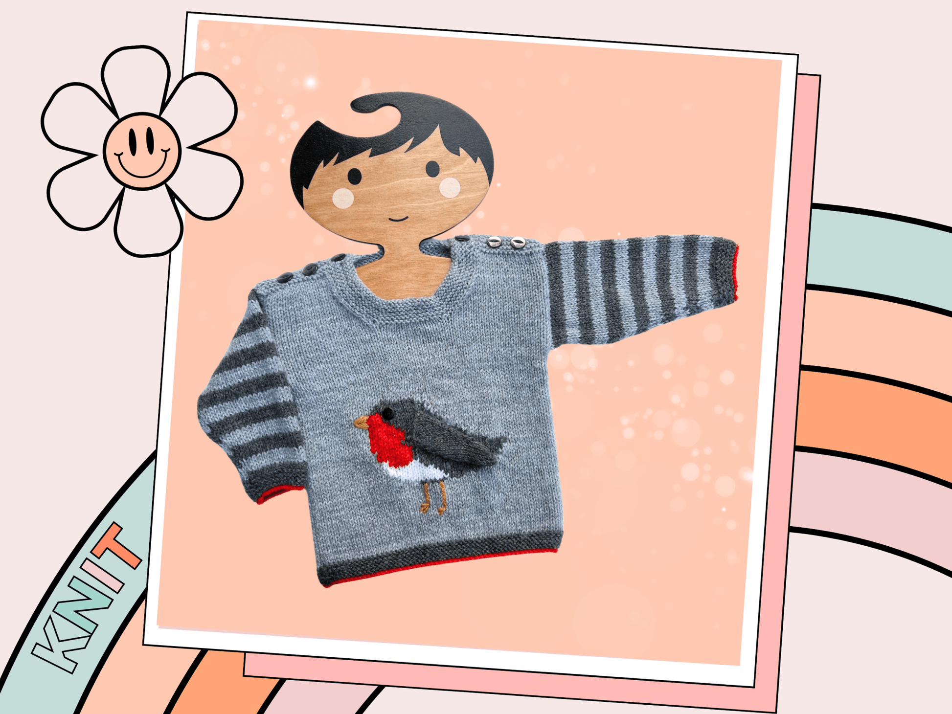 Rockin Robin baby sweater, back view, button shoulder fastening, seamed construction