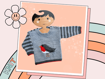 Rockin Robin baby sweater, back view, button shoulder fastening, seamed construction