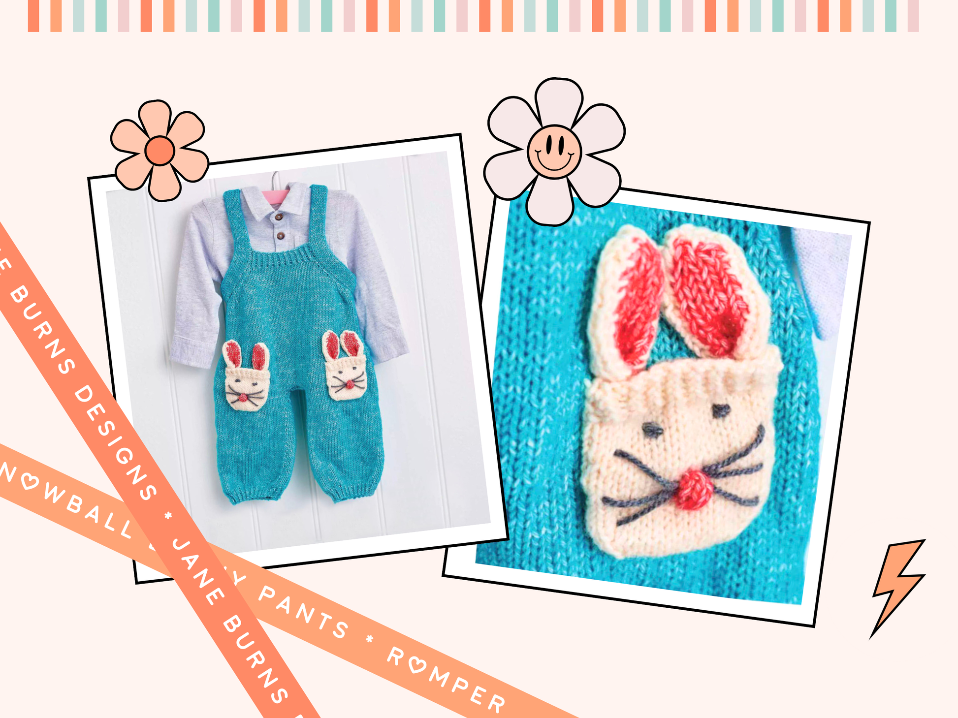 Snowball bunny pants jane burns, baby dungarees romper knitting pattern with rabbit pocket motif