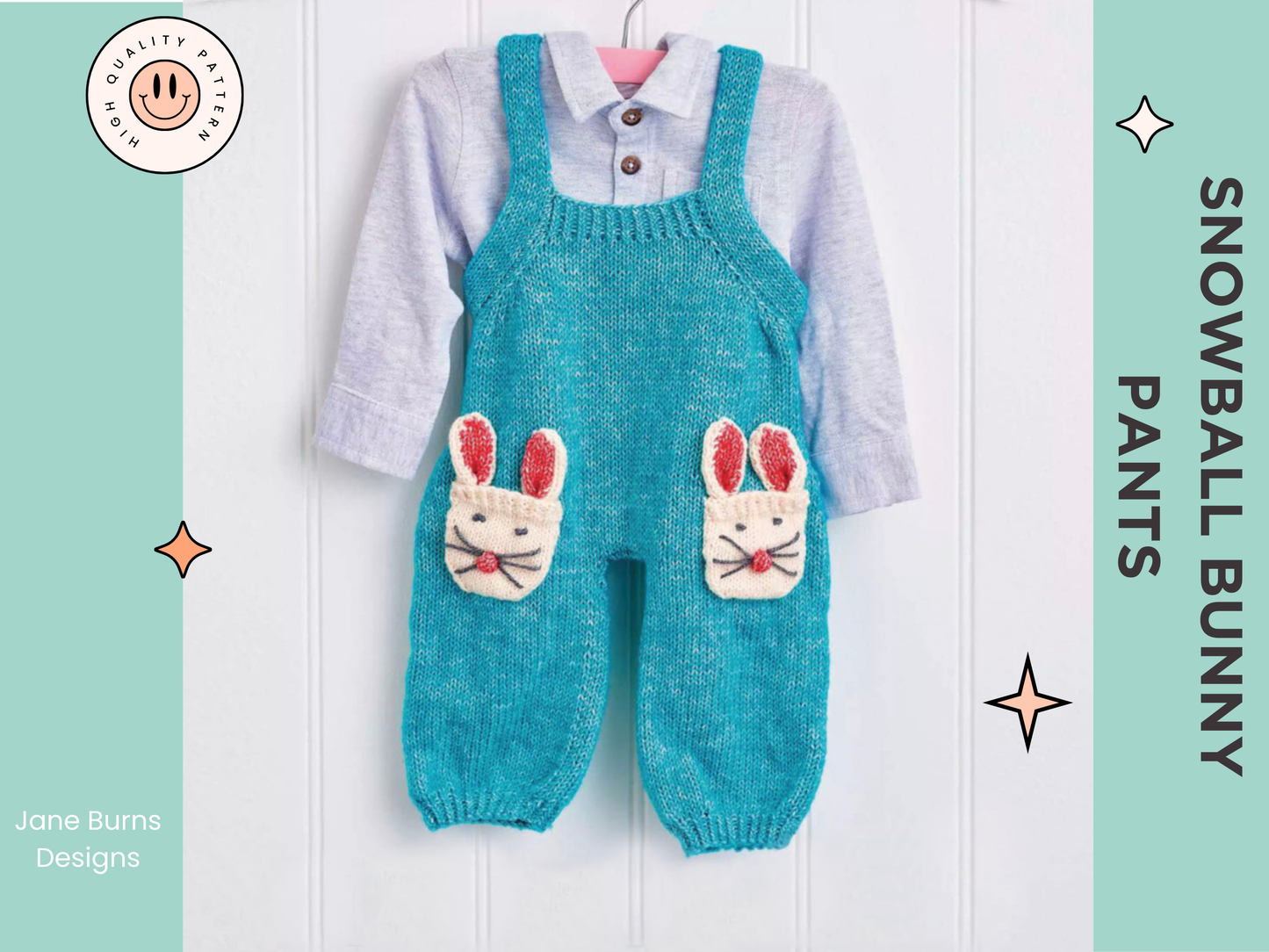 Snowball bunny pants jane burns, baby dungarees romper knitting pattern with rabbit pocket motif