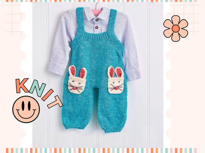 Snowball bunny pants jane burns, baby dungarees romper knitting pattern with rabbit pocket motif