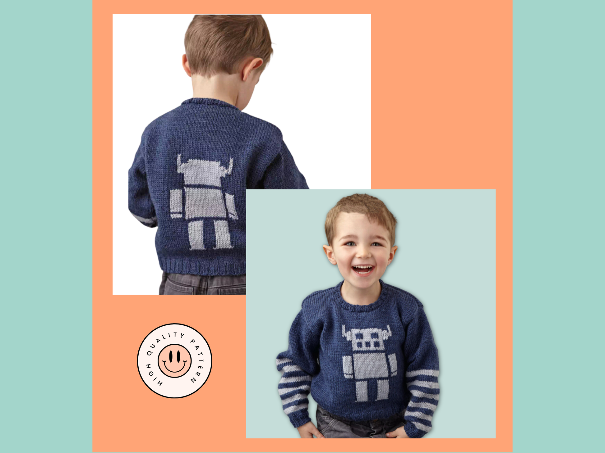 the robot kids sweater knitting pattern, boys and girls robot motif intarsia jane burns designs