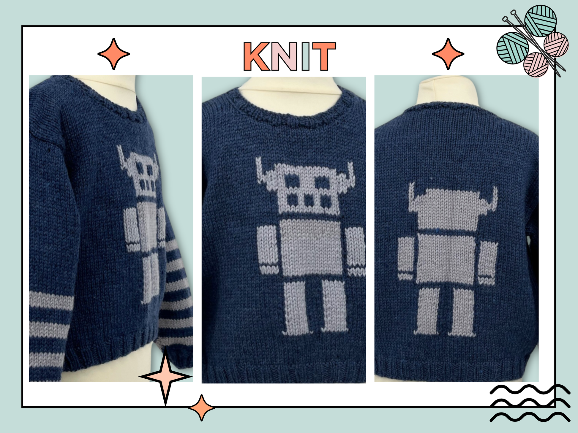 the robot kids sweater knitting pattern, boys and girls robot motif intarsia jane burns designs